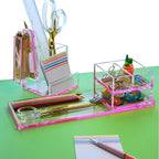Acrylic Desk Organizer 4-Piece Desk Kit + Free Complimentary Acrylic Ruler, Desktop Organization for Office or Home，Rose Red