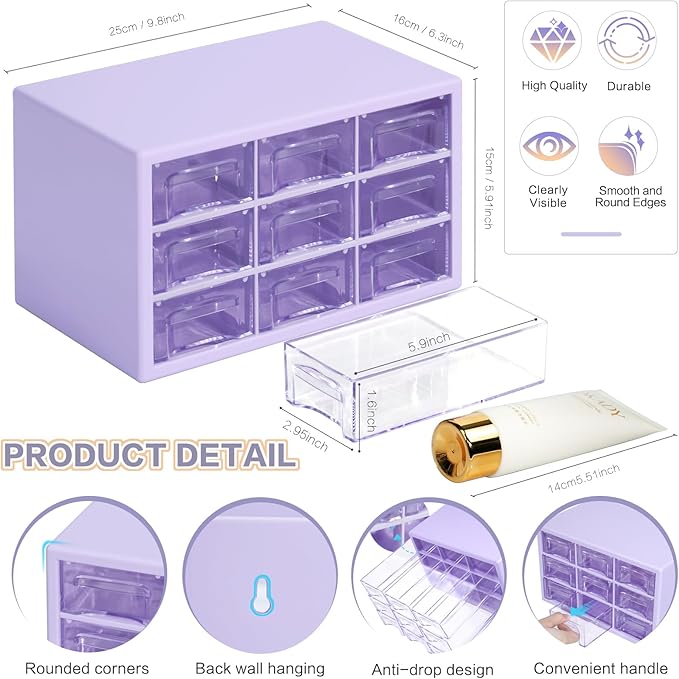 Desk Storage Organizer with 9 Drawers, Clear Plastic Storage Cabinet, Stackable Desk Storage Box for Makeup Office Craft Hardware Art Supplies,9.8x6.3x5.9inch(Purple)