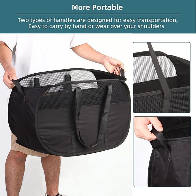2 Pcs Collapsible Laundry Baskets, Tear Proof Pop Up Laundry Hamper with Dual Handles, Durable Foldable Laundry Basket, Easy to Carry Laundry Hamper for Home, Laundry Room, Bedroom, Dorm, Travel Black