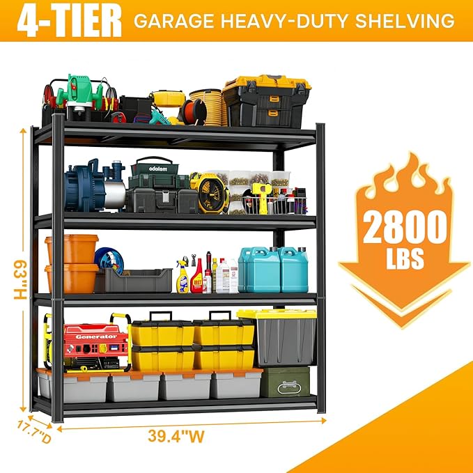 39.4''W Storage Shelves, 4-Tier Garage Metal Shelving Unit, Adjustable, Double-Layer Column with Reinforced Ribs, Heavy-Duty, Capable of Bearing 2800 lbs Suitable for Garage, Warehouse