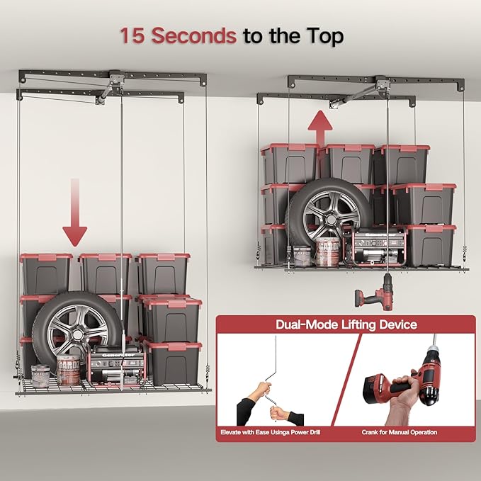Overhead Garage Storage Lift, Heavy-duty 4x4 Ft Garage Ceiling Storage Racks with Safety Lock, Ideal for Ceiling Storage Lifting Organization System, 250lbs Capacity