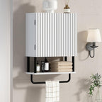 RUSTOWN Fluted Bathroom Wall Cabinet with 2 Doors, 3-Tier Modern Farmhouse Medicine Cabinet, Over The Toilet Storage Cabinet with Adjustable Shelf and Towel Bar(White, Small)