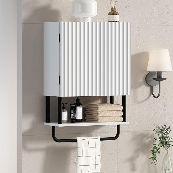 RUSTOWN Fluted Bathroom Wall Cabinet with 2 Doors, 3-Tier Modern Farmhouse Medicine Cabinet, Over The Toilet Storage Cabinet with Adjustable Shelf and Towel Bar(White, Small)