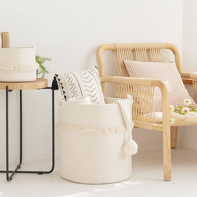 CherryNow Extra Large Woven Storage Baskets – 17'' x 16'' Cotton Rope Decorative Hamper for Magazine, Toys, Blankets, and Laundry, Cute Tassel Nursery Decor - Home Storage Container Off-white