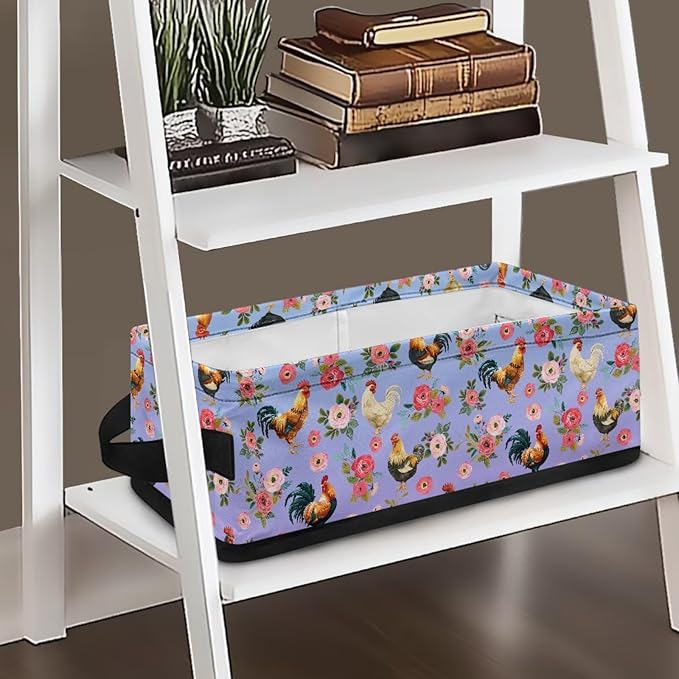 Bathroom Storage Basket Foldable Storage Bin with Handles for Easy Carrying, Rectangular Toilet Paper Organizer for Countertops Laundry Decor, Rooster Chicken Rose Blue Violet Gradient
