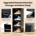 8 Pack Shoe Boxes Black Plastic Stackable, Large Shoe Storage Organizer,Drop Side Front Shoe Containers for Entryway,Sneaker Storage Fit up to US Size 13 for Men/Women(13’’x 10.6”x 8.3”)