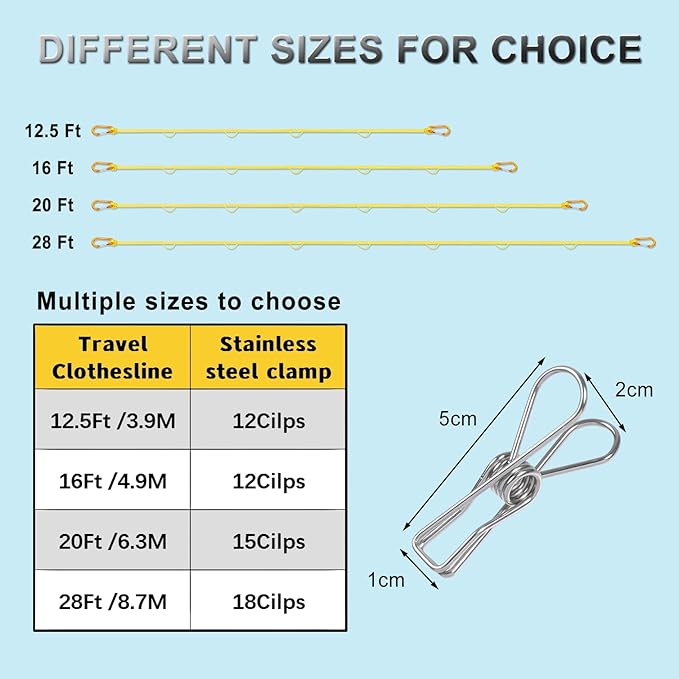 Portable Travel Clothesline, Windproof Clothes Laundry Line with Clothespins & Hang Holes, Indoor & Outdoor Clothes Drying Rope for Hotel, Backyard,Cruise Ships, Camping (Yellow, 16 Ft)