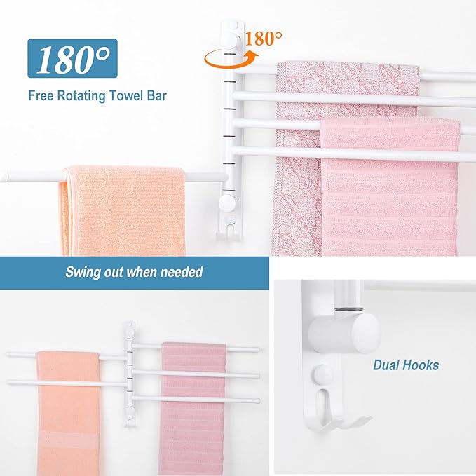 5-Arm Stainless Steel Swivel Towel Rack with Hook: Wall-Mounted, Rustproof Space-Saver for Bathroom & Kitchen-180° Rotation, 14kg Capacity(White)