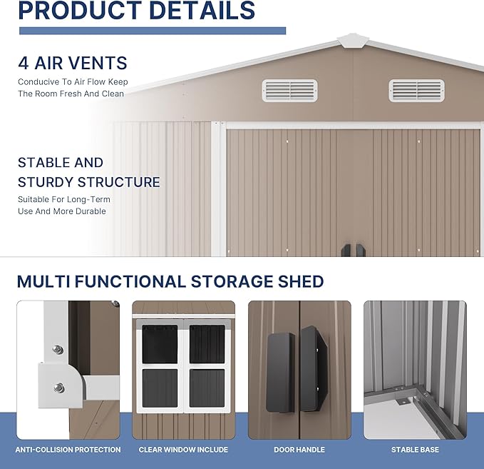 Kullavik 10FT x 8FT Outdoor Storage Shed with Window and Lockable Doors,Waterproof Metal Garden Tool Shed,Galvanized Steel shed for Backyard,Garden,Patio
