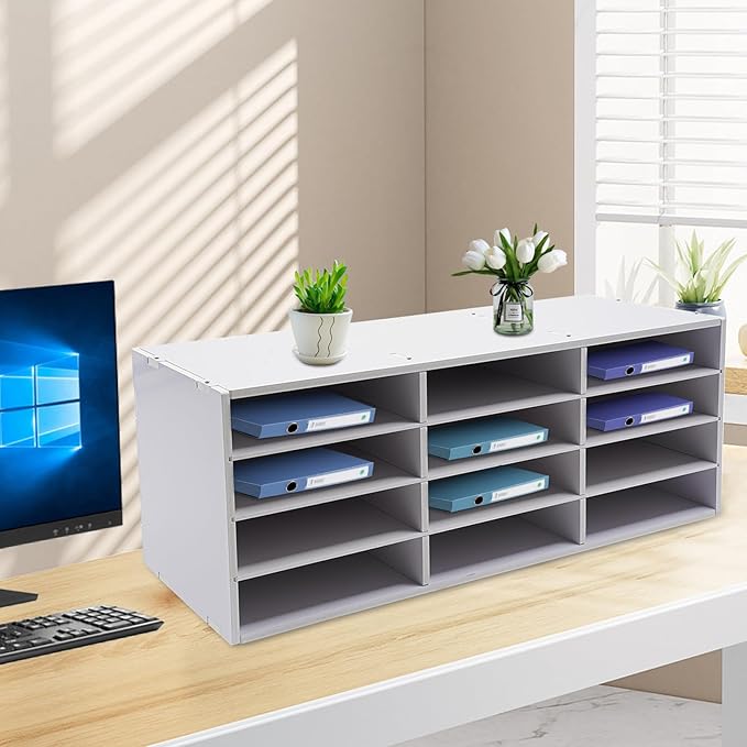 12 Compartments Paper Organizer for Desk, Desk Literature Organizer, Student Mailbox for Classroom, Desktop Bill Paper Storager File Sorter for Home Office Classroom