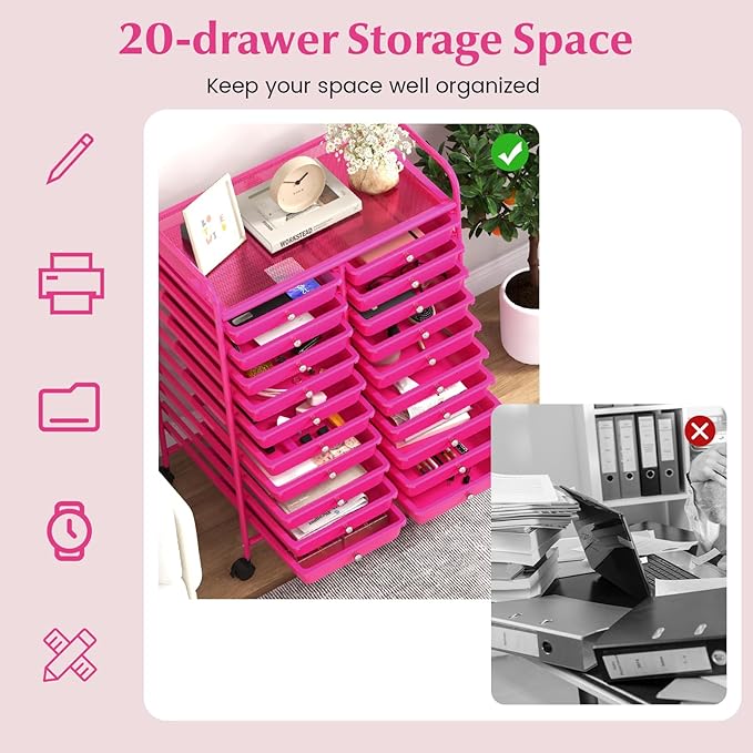 GOFLAME 20-Drawer Rolling Storage Cart, Multifunctional Art Craft Organizer Cart, Mobile Utility Storage Cart with Removable Drawers & Lockable Wheels, Craft Cart for Home Office, Hot Pink
