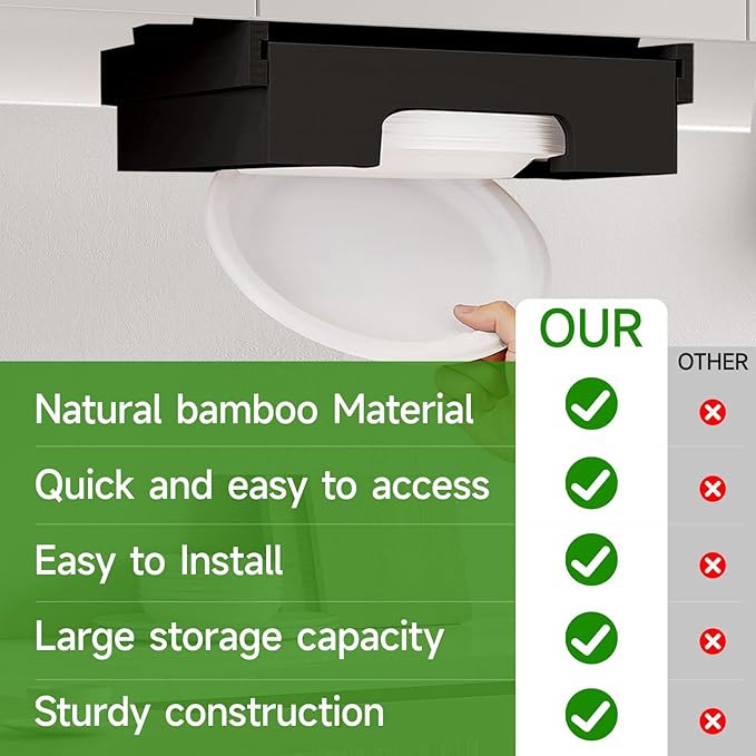 Paper Plate Dispenser Under Cabinet - 9 inch Bamboo Paper Plate Dispenser, Kitchen Counter Vertical Holder Organizer Countertop Caddy Black (9 Inch)