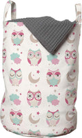 Ambesonne Owls Laundry Bag, Owls Stars Moon Patterns in Feminine Soft Colors Symmetric Design Artwork, Hamper Basket with Handles Drawstring Closure for Laundromats, 13" x 19", Almond Green Pink Tan