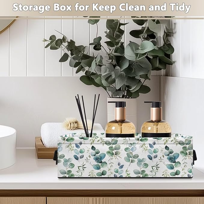 Multi-purpose Storage Basket Small Storage Bins Collapsible Rectangular Toilet Paper Basket Organizer for Bathroom Bedroom Kitchen Office Organization, Eucalyptus Leaf