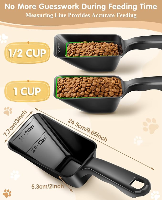 2-Pack Dog Food Scoop 1 Cup, Plastic Pet Food Measuring Scoop With Measuring Lines (1/2 & 1 Cup Markings) for Dogs, Cats, Fish, Bird（Black and Transparent（Black