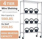 BestOffice | 4-Tier Wire Storage Shelves with Wheels | 36x14x62 | Chrome | Adjustable Racks | Heavy-Duty Metal Shelf, Holds Upto 500 lbs | No-Tool Assembly | Ideal for Home & Garage Shelving