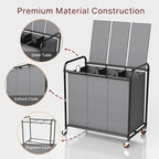 3-Compartment Laundry Cart with Lockable Wheels & Lid 180L Large Wheeled Laundry Basket Heavy-Duty Sorting Organizer for Laundry Room (Grey)