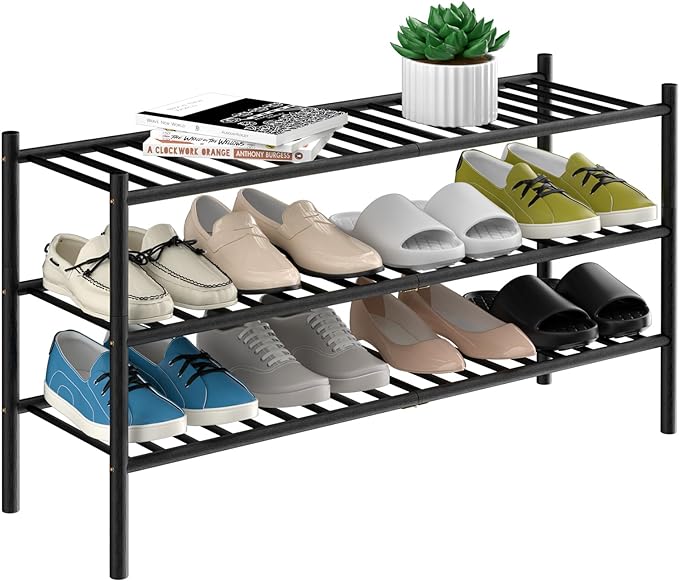 3-Tier Bamboo Long Shoe Rack, Free Standing Wood Shoe Shelf Storage Organizer for Closet Entryway Stackable 35"x11"x20" (Black)