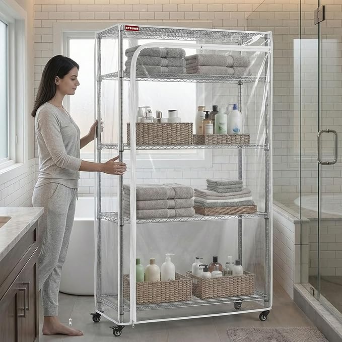 Large Clear PVC Wire Shelving Cover, 48" W x 24" D x 72" H, 3-Way Opening with Two-Way Zippers, Heavy-Duty Transparent Shelf Cover for Garage, Storage & Utility Areas
