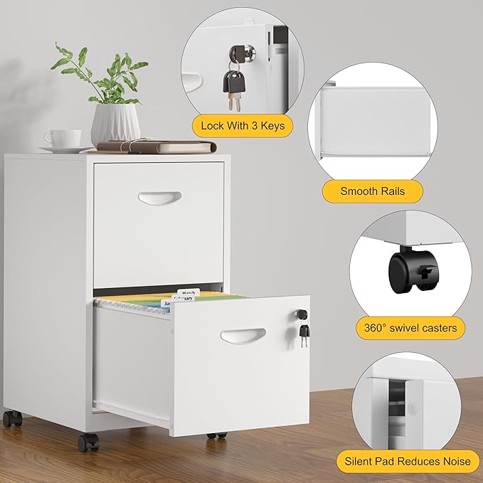 2 Drawer File Cabinet with Lock，White Rolling File Cabinet for Home Office, Metal Small Mobile Filing Cabinets on Wheels for Hanging Letter