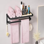 DDS-DUDES 15 Inch Black Towel Racks for Bathroom Towel Shelf with Double Towel Bars Lavatory Wall Mount Holder with Hooks Stainless Steel Hotel Bath Rack (Matte Black)