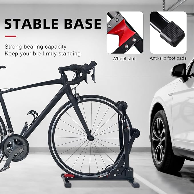 Foldable Vertical & Horizontal Bike Rack - Space-Saving Floor Bike Stand for Garage/Indoor Storage, Tool-Free Assembly Fits 24"-29" Mountain/Road Bikes (66lb Capacity) No Drilling