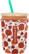 Reusable Neoprene Insulator Sleeve for Iced Coffee & Cold Soda, Coffee Sleeves for Iced & Hot Drinks, Cold Beverage Cooler Compatible with Starbucks, Dunkin (Checkerboard Pumpkin, Small: 16-18oz)