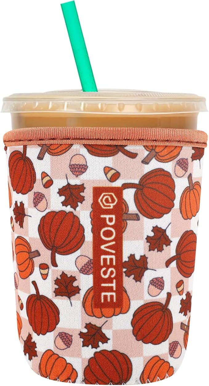 Reusable Neoprene Insulator Sleeve for Iced Coffee & Cold Soda, Coffee Sleeves for Iced & Hot Drinks, Cold Beverage Cooler Compatible with Starbucks, Dunkin (Checkerboard Pumpkin, Small: 16-18oz)