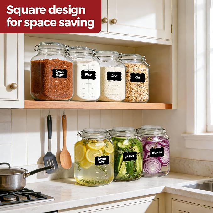 1.1 Gallon Wide Mouth Glass Canisters with Airtight Lids & Measurement Marks (2-Pack) – Includes 2 Measuring Scoops & Labels, Food Storage Jars for Flour, Sugar & Baking Supplies | BPA-Free