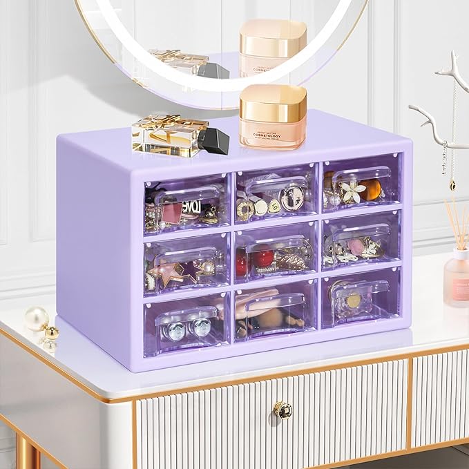 Desk Storage Organizer with 9 Drawers, Clear Plastic Storage Cabinet, Stackable Desk Storage Box for Makeup Office Craft Hardware Art Supplies,9.8x6.3x5.9inch(Purple)