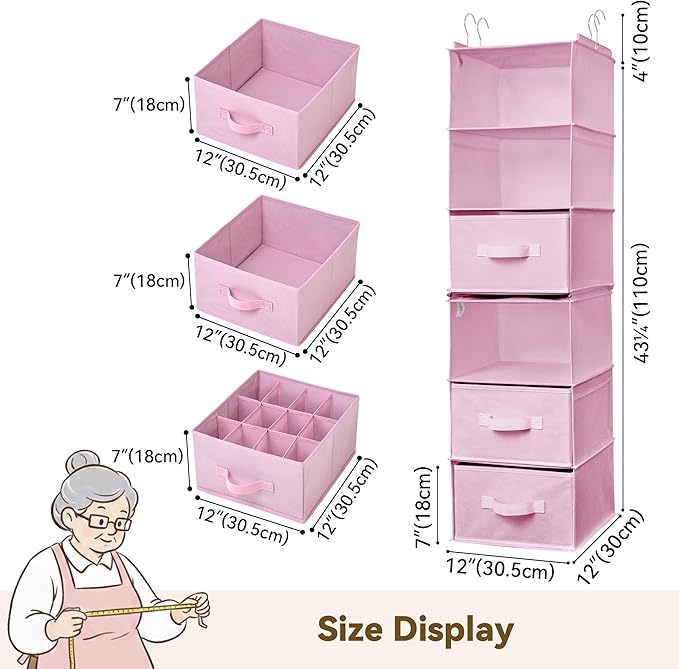 GRANNY SAYS Hanging Closet Organizer 6-Shelf, Separable to 2 Pack 3-Shelf Closet Storage Organizer with 4 Side Pockets, 3 Different Drawers, Portable Hanging Shelves for Baby Clothes, Sweater, Pink