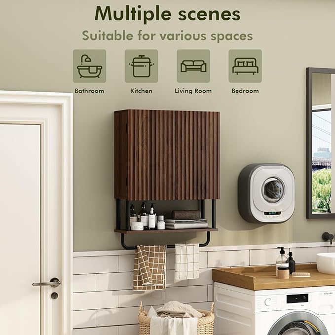 RUSTOWN Fluted Bathroom Wall Cabinet with 2 Doors, 3-Tier Modern Farmhouse Medicine Cabinet, Over The Toilet Storage Cabinet with Adjustable Shelf and Towel Bar (Dark Walnut, Medium)