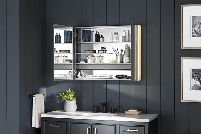 Kohler 81146-SLE-DA1 Maxstow Frameless Two-Door Medicine Cabinet Mirror with Lights, LED Light, Mirror Door & Staggered Shelves, Rectangular Frame, 32 in. W x 24 in. H