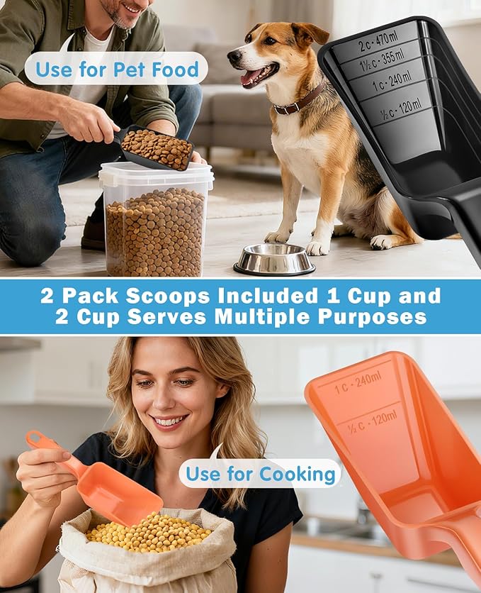 2-Pack Dog Food Scoop Set,1 Cup and 2 Cup Plastic Pet Food Measuring Scoops with Clear Measurement Lines,Multi-Purpose Pet Food Scooper for Dogs, Cats (Orange and Black)