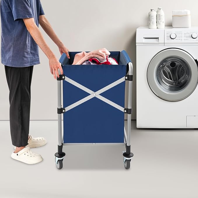 Commercial Laundry Cart with Wheels,Folding Laundry Hamper Cart,Heavy Duty Rolling Laundry Basket with Large Capacity,Laundry Sorter Trolley for Home Hotel Apartment (Blue, 23.62 * 19.69 * 23.62in)