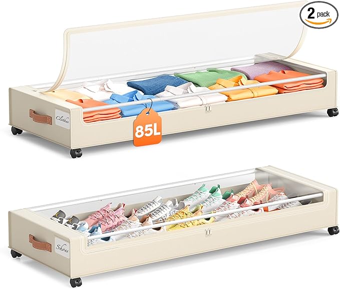 Yecaye Under Bed Storage with Wheels 2 Pack, 85L Extra Large Under Bed Storage Containers with Metal Frame & Clear Lid, Rolling Underbed Organizer Bins Drawers for Clothes, Shoes, Blankets, Beige