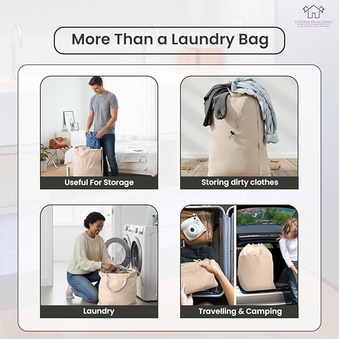 LFH Home Large Premium 100% Cotton Canvas Extra Large Laundry Bag with Drawstring and Handles Heavy Duty, Multi-Use, and Washable for Home, Travel, College or Storage 28x40 (Pack of 2)-Natural