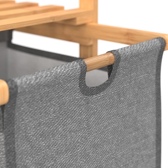 ClosetMaid Bamboo Laundry Hamper and Shelf, 2 Sliding Bag Sections, Laundry Sorter with Dual Compartments, Gray Bags, Natural Finish