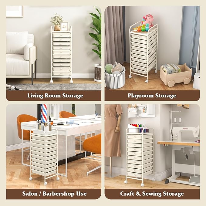 Storage Cart, Rolling Utility Cart with 10 Drawers, Portable Handles & Lockable Wheels, Mobile Paper Toys Storage Organizer Large Capacity for Home Office School Teacher (White)