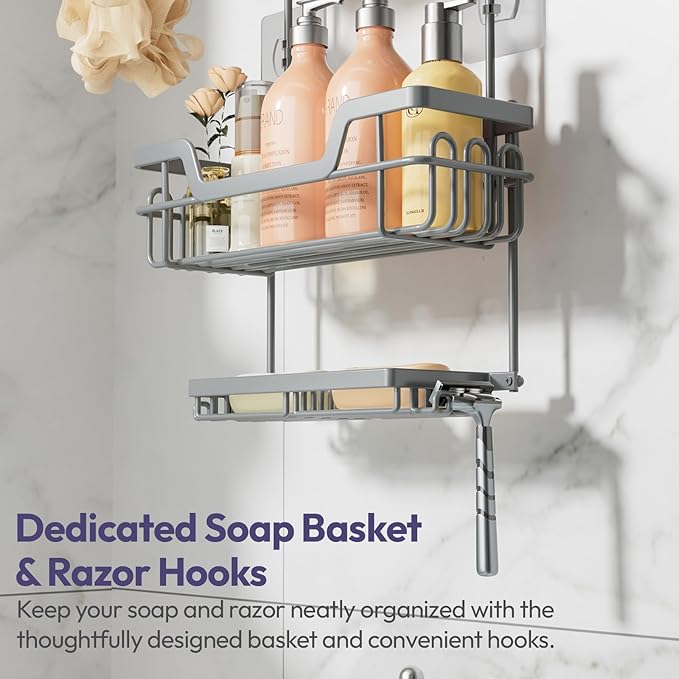 SWTYMIKI Bathroom Shower Caddy Hanging - 3 Tier Rustproof Over Shower Head Organizer, No Drilling Bathroom Shelf with 16 Hooks & Soap Holder, Anti-Swing Rack for Shampoo,Sponge,Towel, Silver, Large