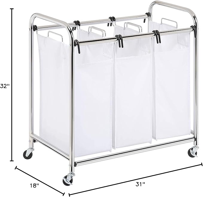 Honey-Can-Do SRT-01235 Heavy-Duty Triple Laundry Sorter, Chrome/White 70 lbs