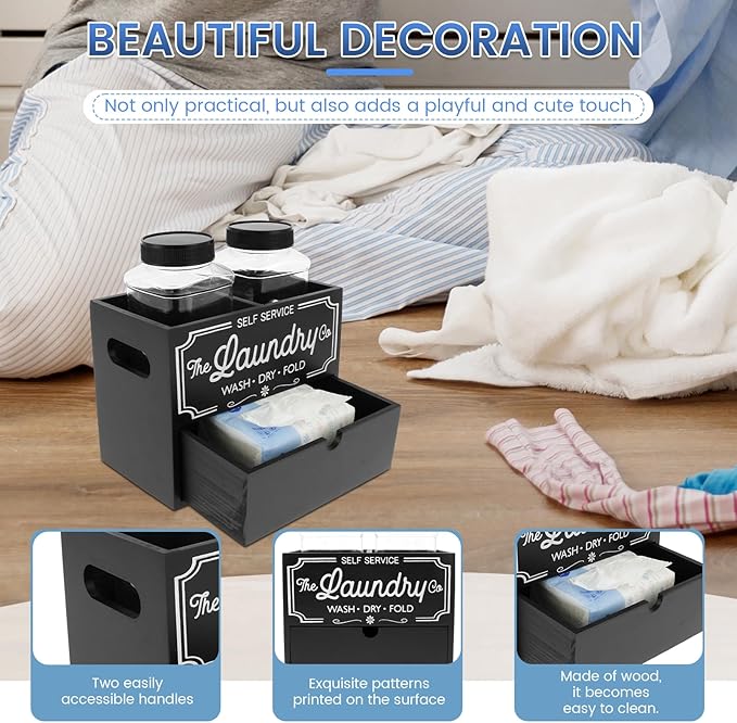 Wooden Dryer Sheet Container for Laundry Room Organization, Laundry Pods Container Include 2 Plastic Jars with Lids for Laundry Room