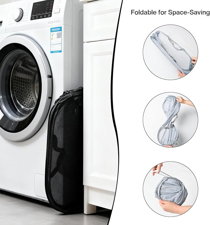 Pop Up Laundry Hamper, Large Collapsible Clothes Basket with Sturdy Handles, Foldable Mesh Storage Bin for Home, Dorm, Travel, Black