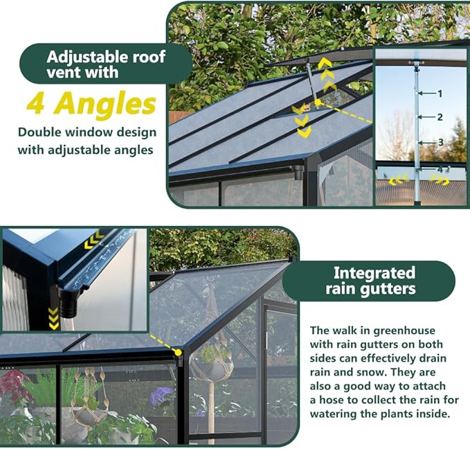 Outdoor Polycarbonate Greenhouse with Aluminum Frame, Walk-in Garden Green House Featuring Lockable Door, Adjustable Roof Vent, and UV-Protected Panels for Backyard or Patio Use (6x10 FT)