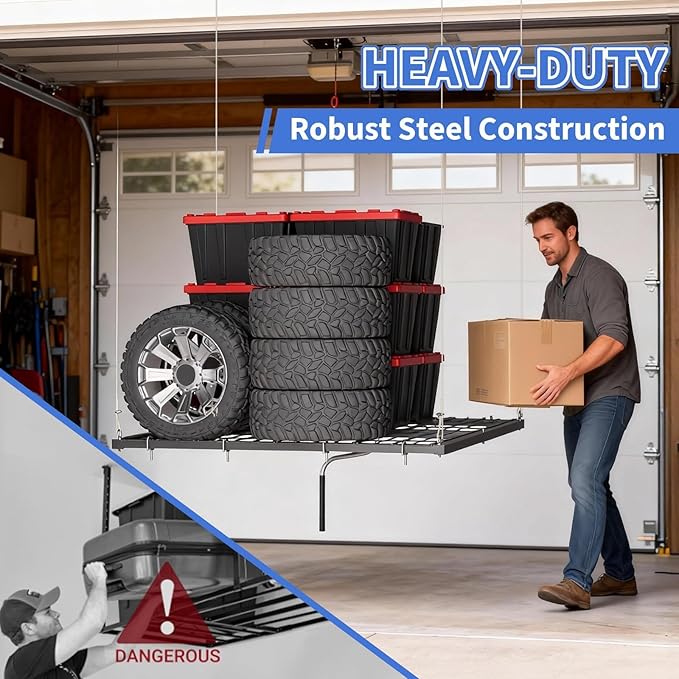 4x4 FT Overhead Garage Ceiling Storage Rack, 350 LBS Heavy-Duty Lift Elevator System with Smooth Hand Crank, Space-Saving Hoist Organization for Bins, Tools & Seasonal Gear