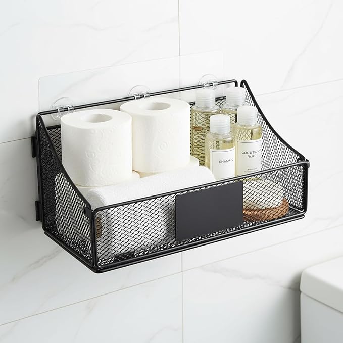 Toilet Paper Storage Basket, Metal Toilet Paper Holder, Self Adhesive Wall Mounted Bathroom Shelves with a Marker Pen, Home Organizers & Storage,Bathroom Decor and Accessories, Black