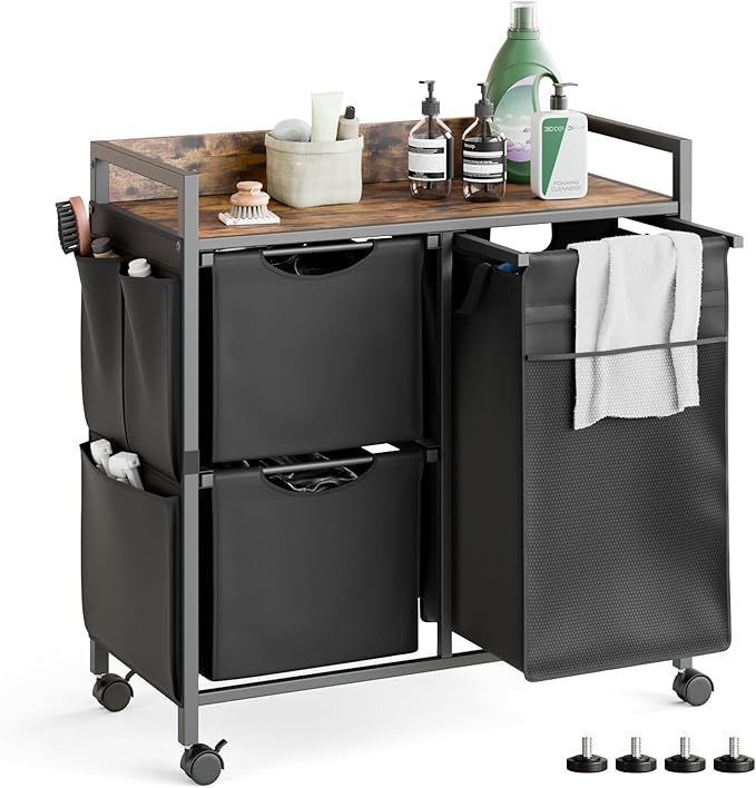 Laundry Sorter with 3 Sections, Laundry Hamper with Wheels, Laundry Basket with Small Side Pockets and Pull-Out Removable Liners,for Laundry Room Bedroom Bathroom (100L)
