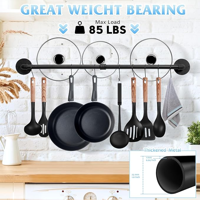 24 inch Pan Rack Wall Mounted Set of 2, Pan Hangers for Kitchen, Industrial Pipe Utensils Hanging Rail Detachable Storage Organizer, Iron Lids Holder with 10 S Hooks