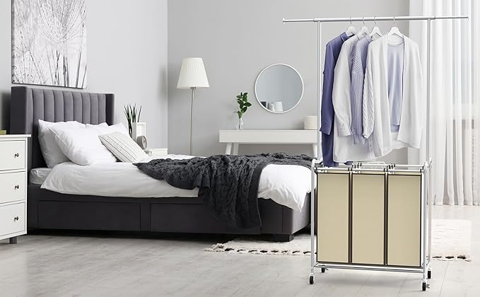 Deco Brothers Heavy Duty 3 Bag Extendable Laundry Sorter Cart with Hanging Bar, Beige