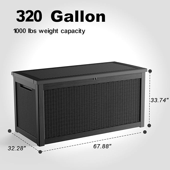 EasyUp 320 Gallon Deck Boxes Waterproof, Outdoor Large Storage Boxes with Lids, Outside Resin Storage Box & Deck Boxes for Patio, Garden Use(Black)